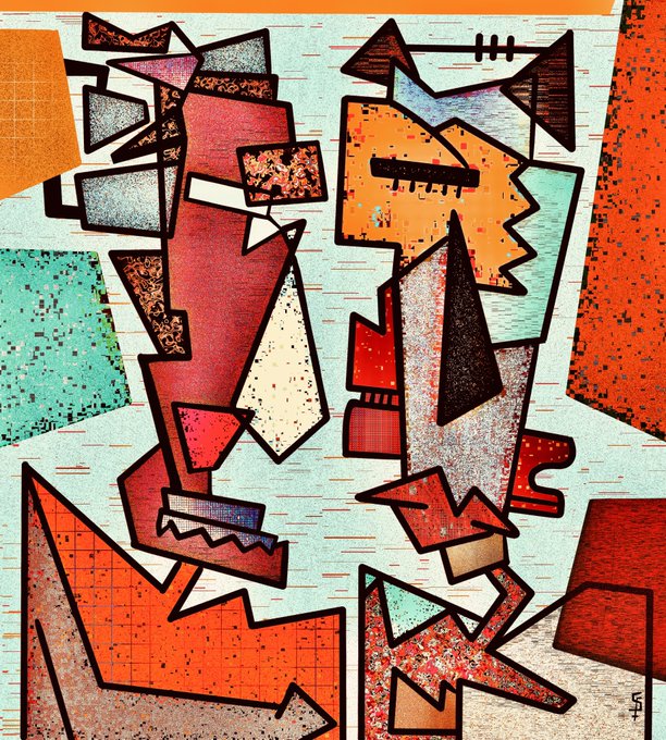 A vibrant, abstract mixed-media artwork features geometric shapes and fragmented forms in warm tones of orange, red, and pink, interspersed with patterned backgrounds and a stylized face.