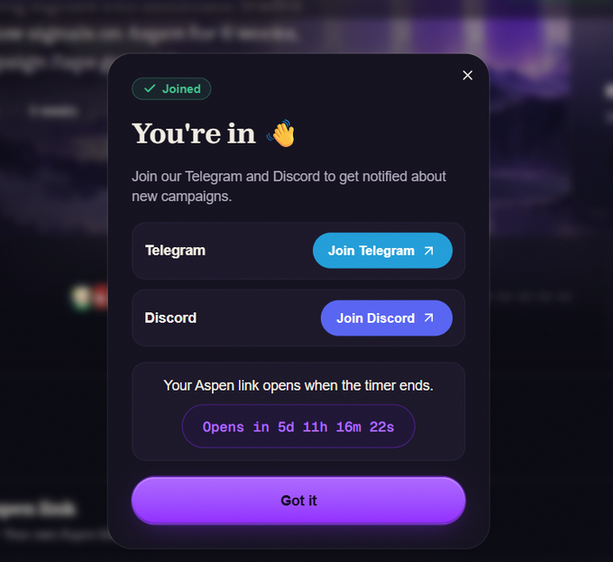 A confirmation pop-up window reading 'You're in' with a 'Joined' status, offering links to join Telegram and Discord groups, and showing a countdown timer 'Opens in 5d 11h 16m 22s' for an Aspen link.