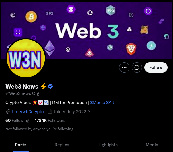 A Twitter/X profile for Web3 News (@Web3news.Org) showing 178.1K followers, with crypto-themed branding and a 'Crypto Vibes' bio.