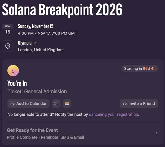 A confirmation ticket for **Solana Breakpoint 2026** shows General Admission access for the event on **Sunday, November 15, 2026, from 4:00 PM – 7:00 PM GMT** at Olympia in London, United Kingdom, with a countdown of 96 days, 4 hours remaining—corresponding to the post celebrating the user's successfully claimed ticket via @EcosystemCall.