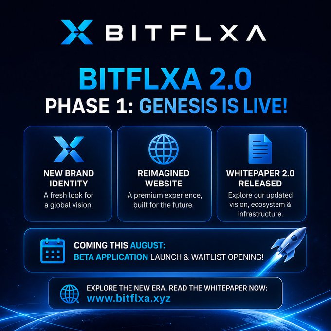 A blue and black launch announcement for 'BITFLXA 2.0 PHASE 1: GENESIS IS LIVE,' showcasing a new brand identity, reimagined website, and Whitepaper 2.0 release, with a note that beta application launch and waitlist opening are coming in August at www.bitflxa.xyz.
