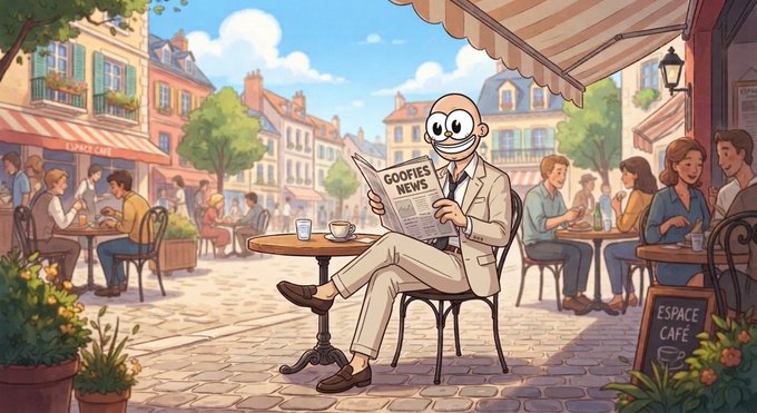 A smiling cartoon man in a beige suit reads a newspaper labeled "GOOFIES NEWS" at an outdoor café, with a chalkboard sign reading "ESPACE CAFÉ" beside him—depicting the leisurely, charming atmosphere featured on the Goofies News website.