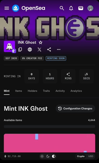 A screenshot of the OpenSea minting page for the "INK Ghost" NFT collection, showing 4,444 available items with a launch date in September 2026, 8% creator fee, and a countdown timer indicating minting starts in less than a day. The post relates to this image as the user expresses excitement about being eligible to mint 2 free INK Ghost NFTs due to holding $SQUINK tokens.
