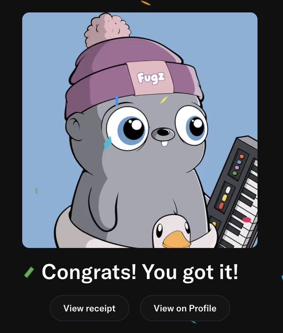 A digital illustration of a cute gray cartoon character wearing a purple beanie labeled 'Fugz' holding a synthesizer, with a small penguin and text reading 'Congrats! You got it!' along with buttons for 'View receipt' and 'View on Profile'.