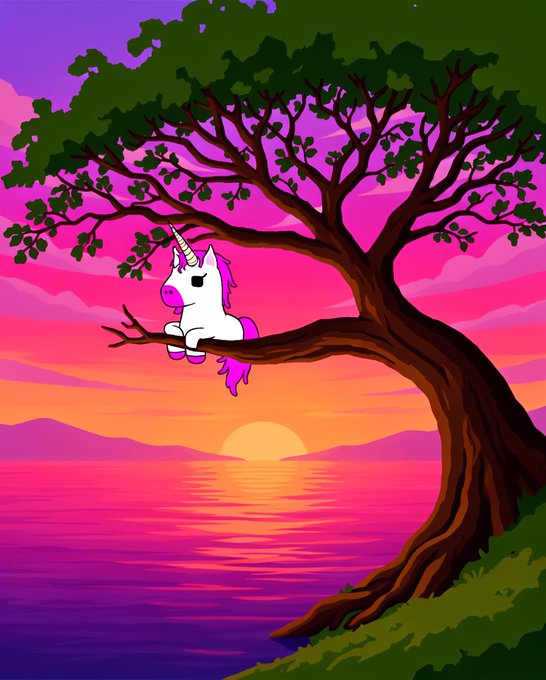 Pixel art illustration of a white unicorn with a pink mane and tail resting on a tree branch, overlooking a vibrant pink and purple sunset over water.