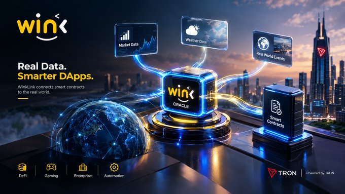 A promotional banner for 'WINkLink ORACLE' showing a futuristic cityscape with a glowing cube connecting 'Market Data', 'Weather Data', and 'Real World Events' to 'Smart Contracts', with the text 'Real Data. Smarter DApps.' and 'Powered by TRON'.