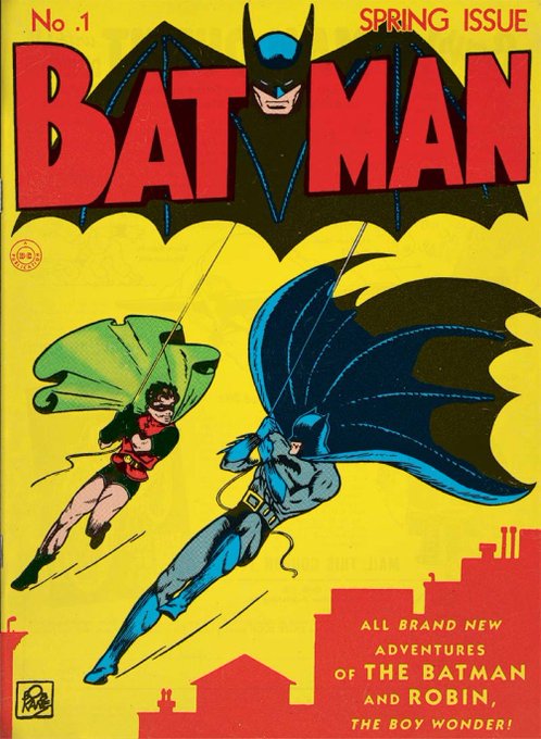 Cover of Batman comic book No. 1 (Spring Issue) featuring Batman and Robin gliding over a city skyline with text 'All brand new adventures of The Batman and Robin, The Boy Wonder!'