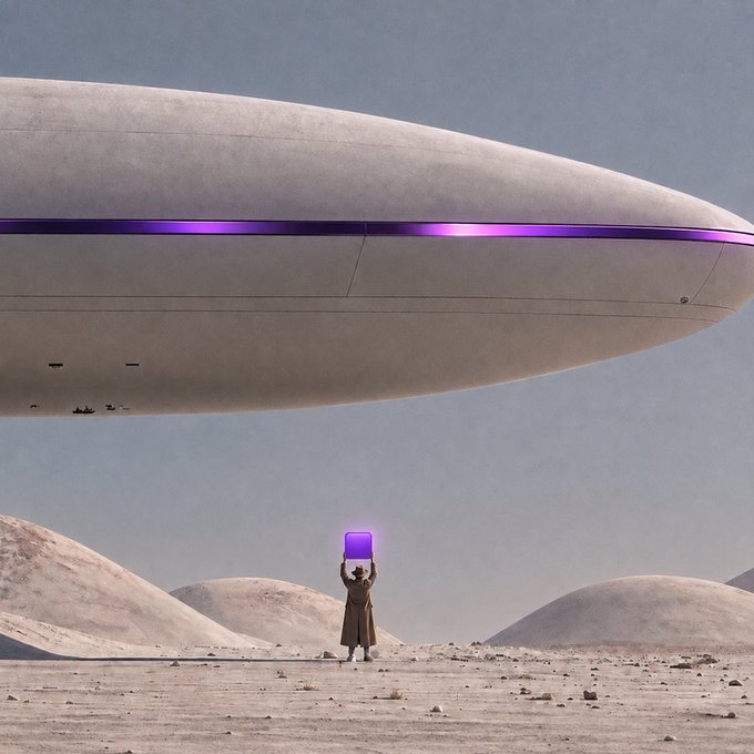 Surreal sci-fi illustration of a small figure in a trench coat standing on a barren desert, holding a glowing purple cube while a massive futuristic zeppelin with a purple light strip hovers above.