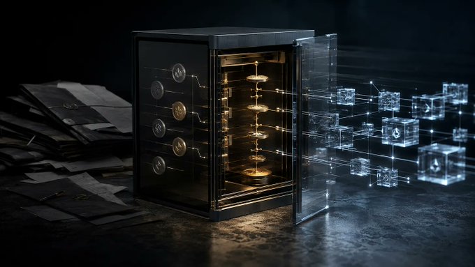 A secure vault with a glass door opens to reveal golden tokens on display, while glowing digital data cubes float outward—symbolizing the transition from locked, opaque OTC loan agreements to transparent on-chain disclosure of market maker token allocations.
