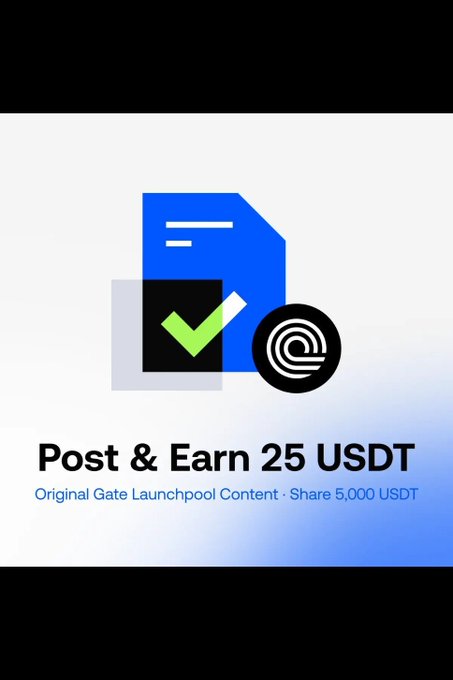 The image is a promotional graphic featuring a blue document icon with a green checkmark and a black circular "G" logo, advertising "Post & Earn 25 USDT - Original Gate Launchpool Content - Share 5,000 USDT." It relates to the accompanying post by promoting the Gate.io x Ondo campaign, encouraging users to share content about the Launchpool staking opportunity to earn USDT rewards.