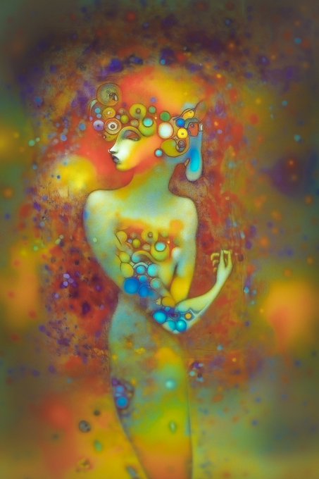 A vibrant, surreal digital painting of a female figure adorned with bubble-like circular headpieces, set against a psychedelic background of multicolored splatters and orbs.