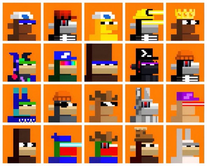 A grid of 20 pixel-art character avatars arranged in 4 rows on orange backgrounds, featuring various hat and accessory designs.