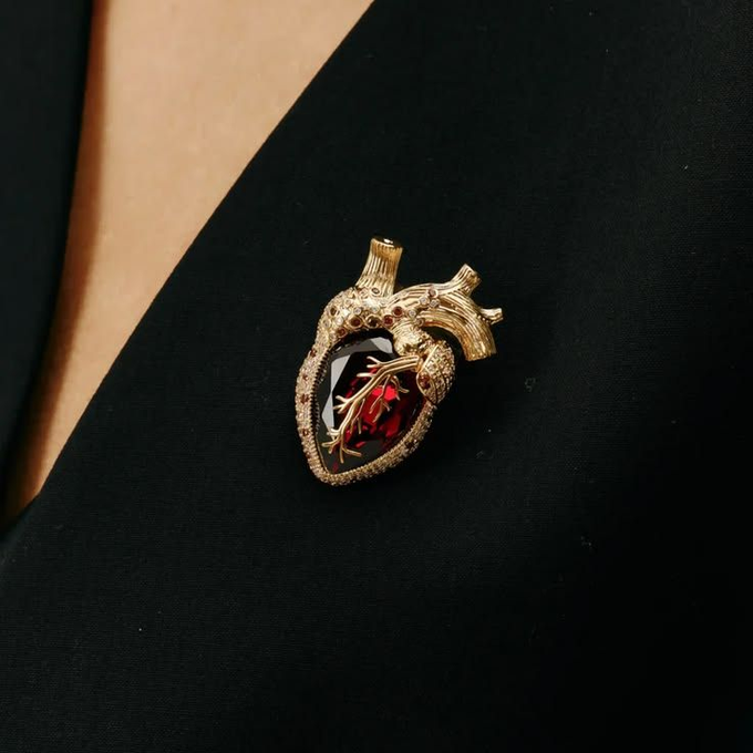 A close-up of a vintage anatomical heart brooch with a large red gemstone center, gold detailing, and red gem-encrusted aortic vessels, pinned to black fabric.