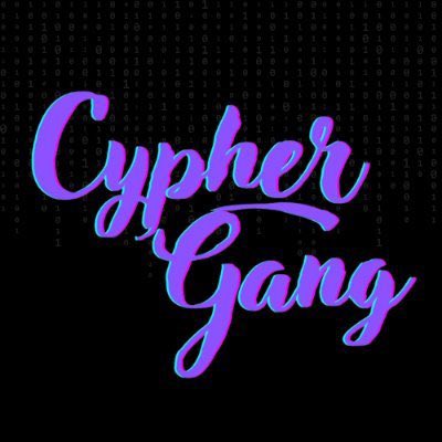 Stylized neon purple and blue text reading 'Cypher Gang' displayed against a dark background with faint digital code patterns.