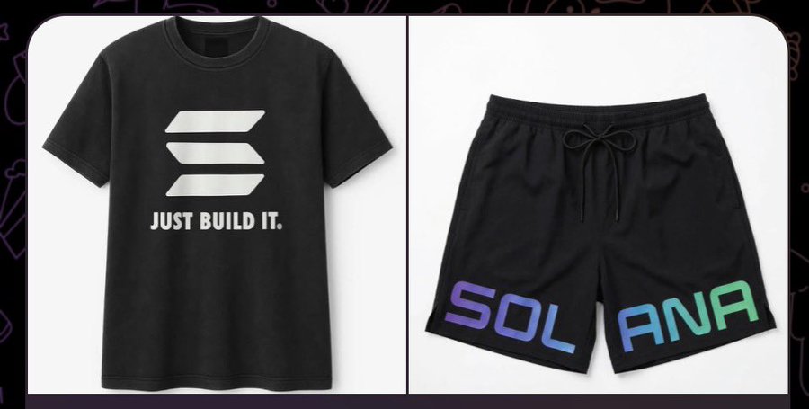 Solana merchandise displayed: a black t-shirt with the Solana logo and 'JUST BUILD IT.' text, alongside black shorts featuring 'SOLANA' in gradient lettering.