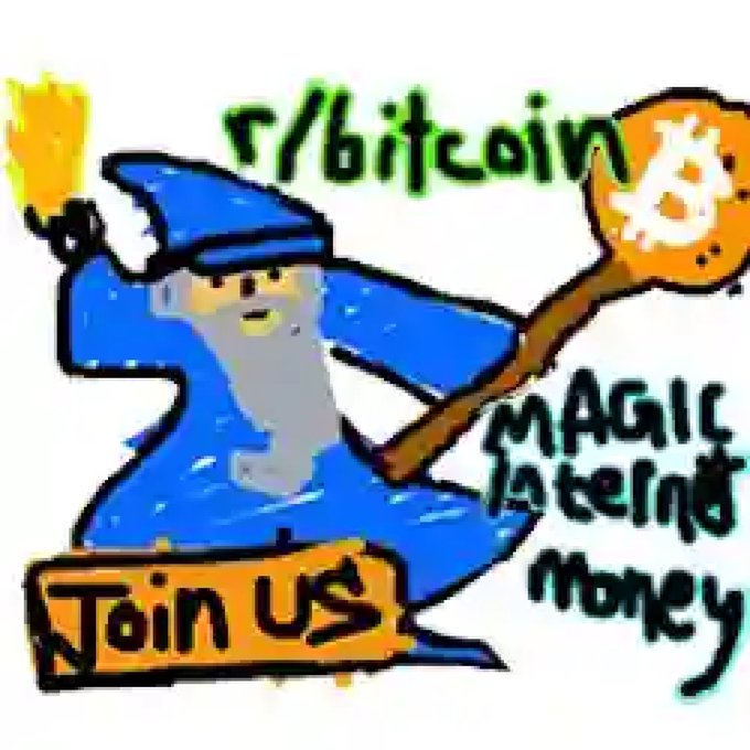 A crude MS Paint-style drawing depicts a wizard in blue robes holding a torch and a Bitcoin coin, with text reading 'r/bitcoin', 'MAGIC internet Money', and 'Join Us'.