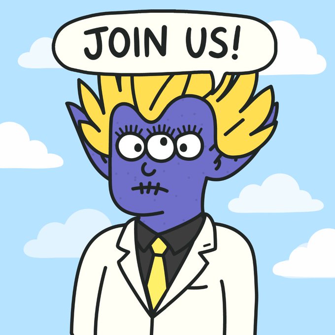 A cartoon character with blue skin, yellow spiky hair, and three eyes in a white lab coat stands against a cloudy sky with a speech bubble reading "JOIN US!"—matching the eccentric, imperfect aesthetic promoted by the "Get ugly or Die Tryin" @SquigsNFT message encouraging viewers to embrace their unique, quirky appearance to join the NFT community.