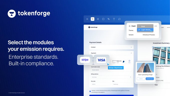 A promotional graphic for 'tokenforge' featuring a dark blue background with text about selecting emission modules and screenshots of their payment and investment interfaces.