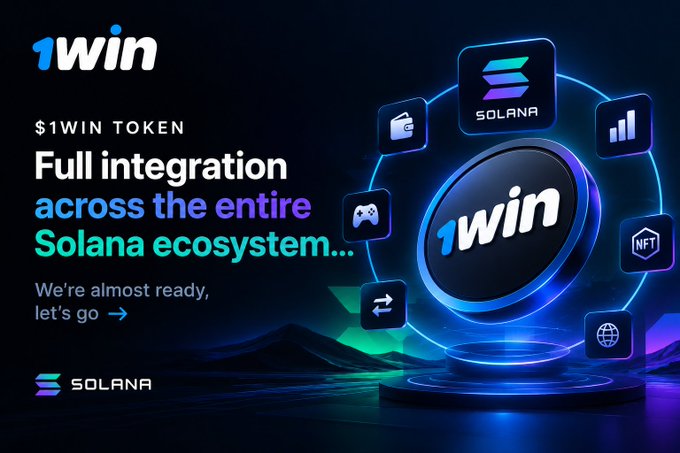 A promotional graphic for the $1WIN TOKEN advertising full integration across the entire Solana ecosystem, featuring the 1win and Solana logos alongside icons for wallet, charts, gaming, NFTs, exchange, and web.