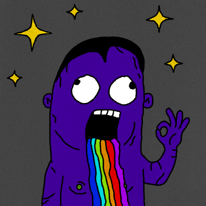 A cartoon illustration of a purple figure vomiting a rainbow, making an 'OK' hand gesture, with stars in the background.
