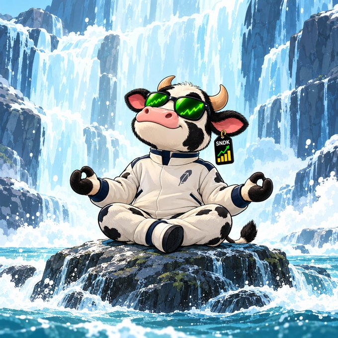 A digital illustration of a cartoon cow wearing green lightning-bolt sunglasses and a white tracksuit, meditating in a lotus pose on a rock in front of a waterfall, with an '$NDK' earring.