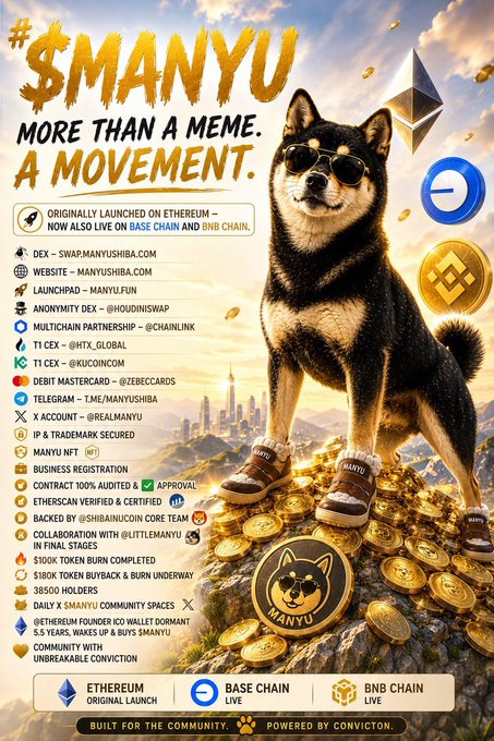 The image features a black and white dog wearing sunglasses standing atop a pile of gold coins. The text above the dog reads "$MANYU This is just a meme by name, but with building and ecosystem activities", which suggests that this image could be related to a meme or humorous post about Bitcoin or cryptocurrency.