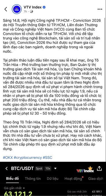 A screenshot of a VTV Index Facebook post in Vietnamese discussing Conviction 2026 blockchain and AI conference in Ho Chi Minh City, along with cryptocurrency regulations under Decree 284/2026, with BTC/USDT price shown at 63,121.2.