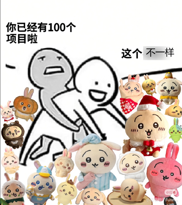 A meme image showing a stick figure pushing away a crowd of plush toys, with Chinese text '你已经有100个项目啦' (You already have 100 projects) and '这个不一样' (This one is different).