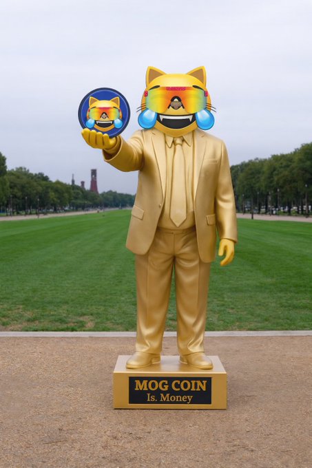 A gold statue of a Shiba Inu (Mog Coin mascot) wearing a suit holds a Mog Coin, with a plaque reading "MOG COIN Is. Money" at its base.