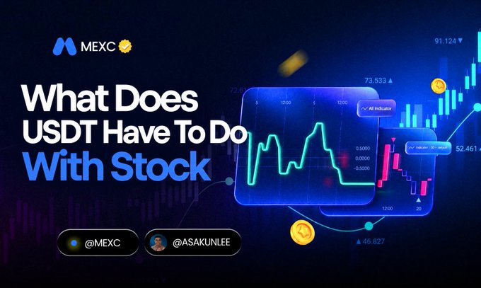 A MEXC promotional banner asking 'What Does USDT Have To Do With Stock' featuring financial chart graphics and handles '@MEXC' and '@ASAKUNLEE'.