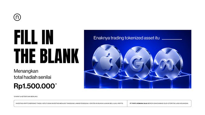 A promotional banner featuring a "Fill in the Blank" giveaway contest with the headline "Menangkan total hadiah senilai Rp1.500.000*" (Win a total prize worth Rp1,500,000), alongside an image of tokenized Apple, Google, and Meta coin icons with the text "Enaknya trading tokenized asset itu ____" (The fun of trading tokenized assets is ____). The design invites users to complete the sentence for a chance to win, with a disclaimer noting investment risks.