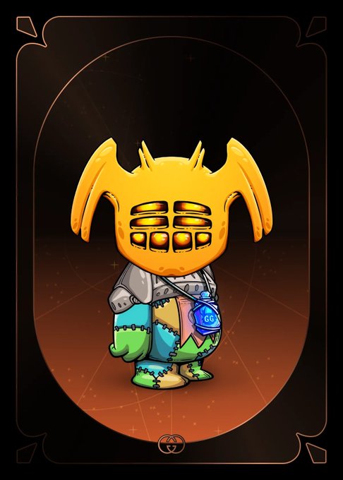 A digital trading card features a yellow Koda character with wing-like ears, clad in silver armor and a multicolored patchwork outfit, wearing a "GG" KodaPendant relic. The card represents the sale of Koda #8951 for 0.65 WETH, with the GG pendant visible on the character's chest serving as the relic that likely contributed to its value.