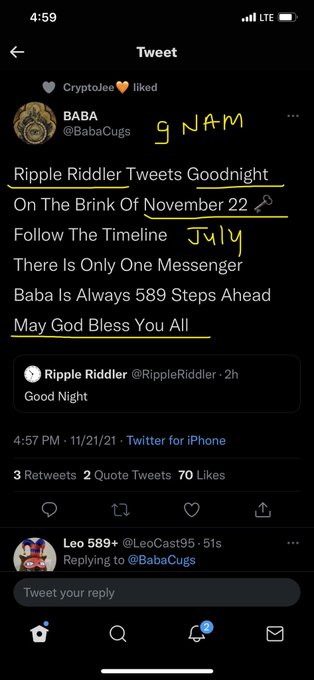 A Twitter/X screenshot shows user @BabaCugs posting a cryptic poem titled "Ripple Riddler Tweets Goodnight" with handwritten annotations "9 NAM" and "July" added in yellow.