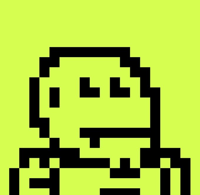 A pixelated yellow character with a bored expression is displayed on a black background. The image represents a 5T OnChain Hoodie NFT, which is referenced in the accompanying post.