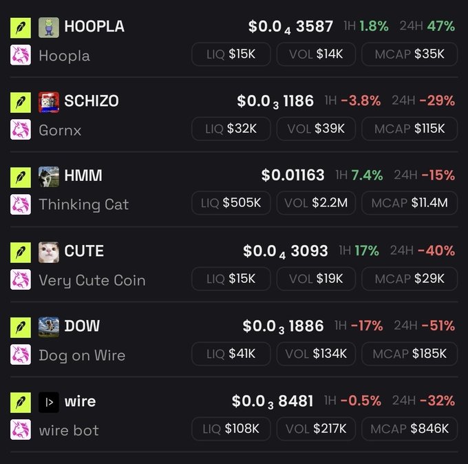A screenshot of a meme coin tracker shows several tokens trending downward over 24 hours, including SCHIZO (-29%), CUTE (-40%), DOW (-51%), and wire (-32%), while HOOPLA stands out as the only token up 47% in 24 hours with a price of $0.03587, supporting the post's bullish claim that HOOPLA is outperforming the broader market.