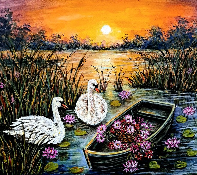 A serene sunset scene captures two white swans gliding past a wooden rowboat overflowing with pink water lilies on a golden-lit lake, beautifully matching the post's "Guardians of the Golden Lake" theme as a physical NFT artwork.