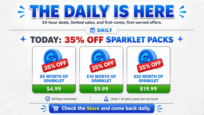 A promotional advertisement titled "THE DAILY IS HERE" offering 35% off Sparklet Packs at $4.99, $9.99, and $19.99, with a note that all fees are removed and the limit is 1 of each pack per account.