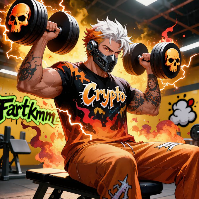 An intense anime-style character wearing a 'Crypto' shirt lifting skull-decorated dumbbells in a gym setting, with graffiti reading 'FartKmm' and explosions in the background.