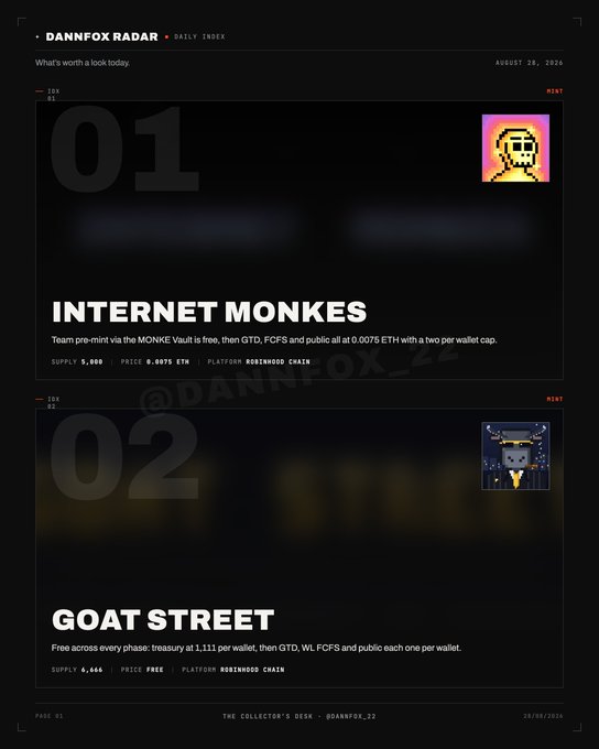 A dark-themed webpage titled 'DANNFOX RADAR - DAILY INDEX' dated August 28, 2024, listing NFT mints including 'INTERNET MONKES' and 'GOAT STREET' with supply and price details.