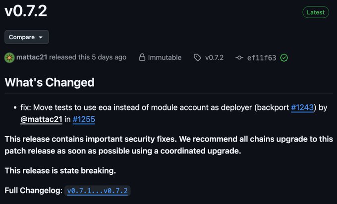 A GitHub release page for v0.7.2 (marked as Latest) released by mattac21 five days ago, noting important security fixes and stating 'This release is state breaking' with a changelog reference from v0.7.1 to v0.7.2.