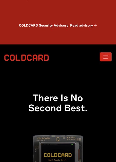 Website screenshot for COLDCARD featuring the tagline 'There Is No Second Best.' and a security advisory banner at the top.