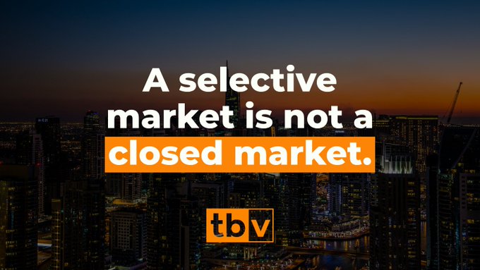 A motivational/business graphic overlaid on a nighttime cityscape, displaying the text 'A selective market is not a closed market.' with the 'tbv' logo below.