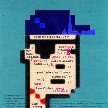 An artistic rendering featuring stylized code and text blocks, including the words 'HATH ATK OGAP GAPGAP' and various programming-like syntax.