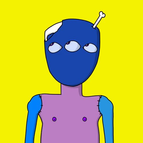 A crude digital drawing features a blue, pill-shaped head with multiple white eyes and an antenna, set on a purple torso with visible stitches and blue arms, all against a bright yellow background.