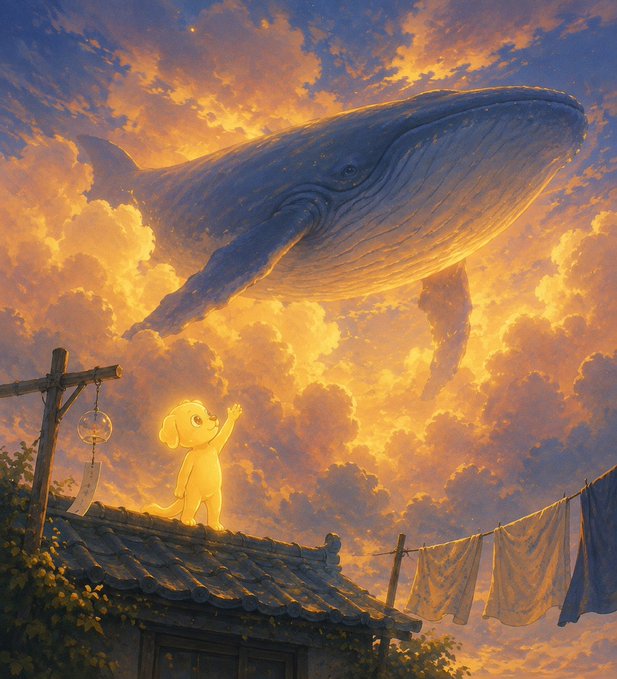 An illustration showing a small, glowing yellow figure standing on a tiled rooftop, reaching up toward a giant blue whale floating among golden, sunset-lit clouds, with clotheslines visible nearby.