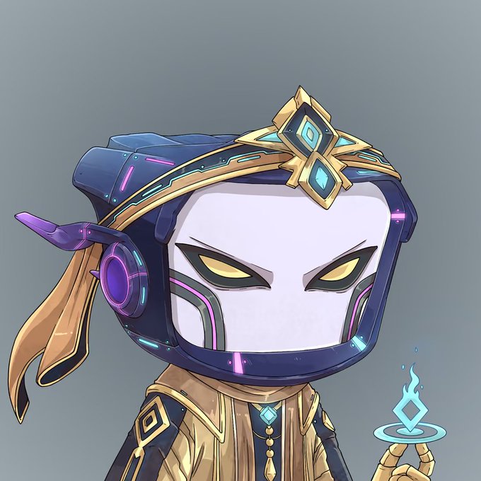 An illustration of a hooded character with a white mask featuring glowing yellow eyes, wearing a dark blue and gold hood adorned with a glowing teal gem, and holding a small floating flame in a teal circle.