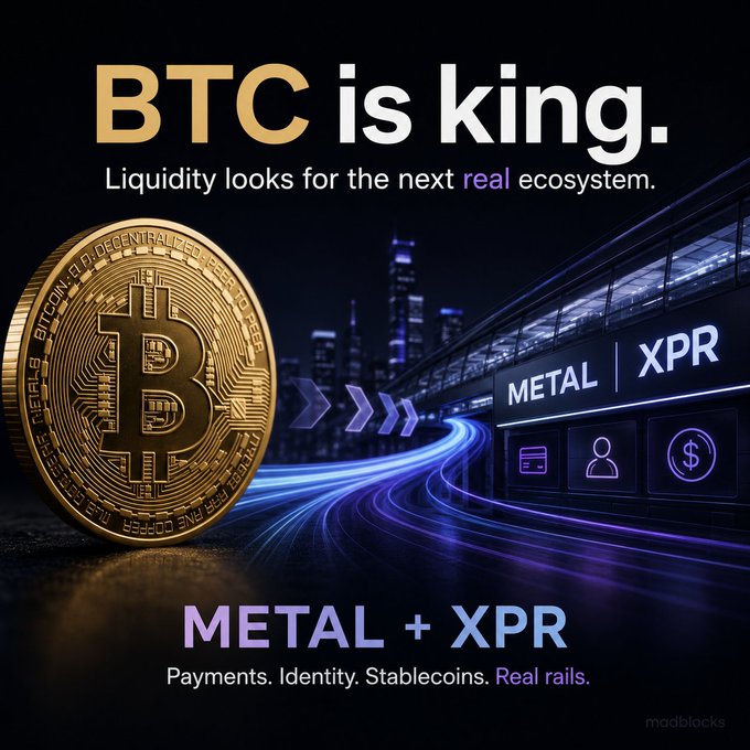 A gold Bitcoin coin sits beside glowing blue digital roads leading to "METAL" and "XPR," visually illustrating the post's message that while BTC is king, liquidity will flow next to real-ecosystem projects like Metal (METAL) and XRP covering payments, identity, and stablecoins on "real rails."