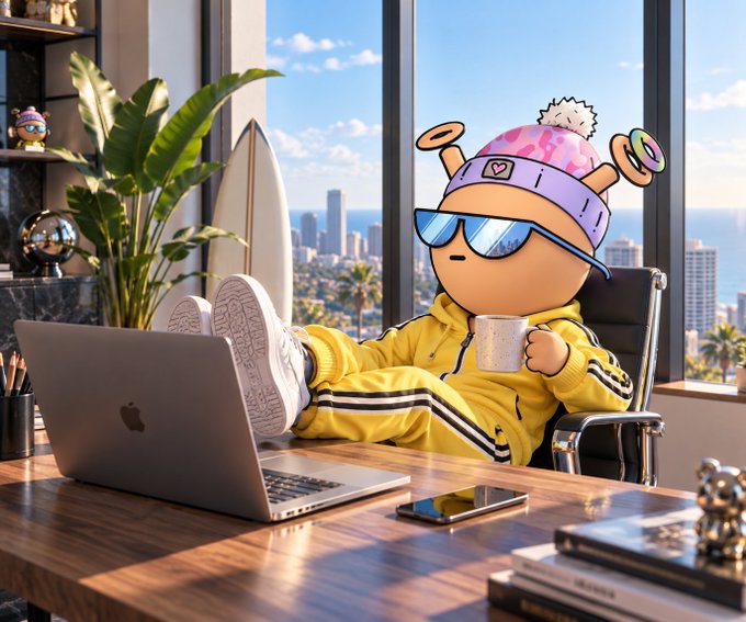 A 3D render of a round cartoon character wearing a yellow tracksuit, blue sunglasses, and a purple visor, relaxing at a desk with a laptop and a scenic city view in the background.