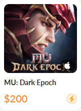 An app store listing for the game 'MU: Dark Epoch' with a character portrait on the icon and a price of $200.