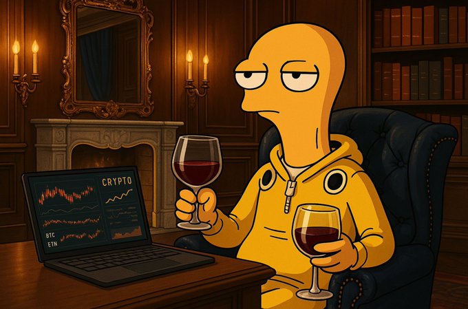 An animated yellow character wearing a hoodie sits in a leather chair holding two glasses of red wine, with a laptop displaying 'CRYPTO', 'BTC', and 'ETH' charts on a desk beside them.